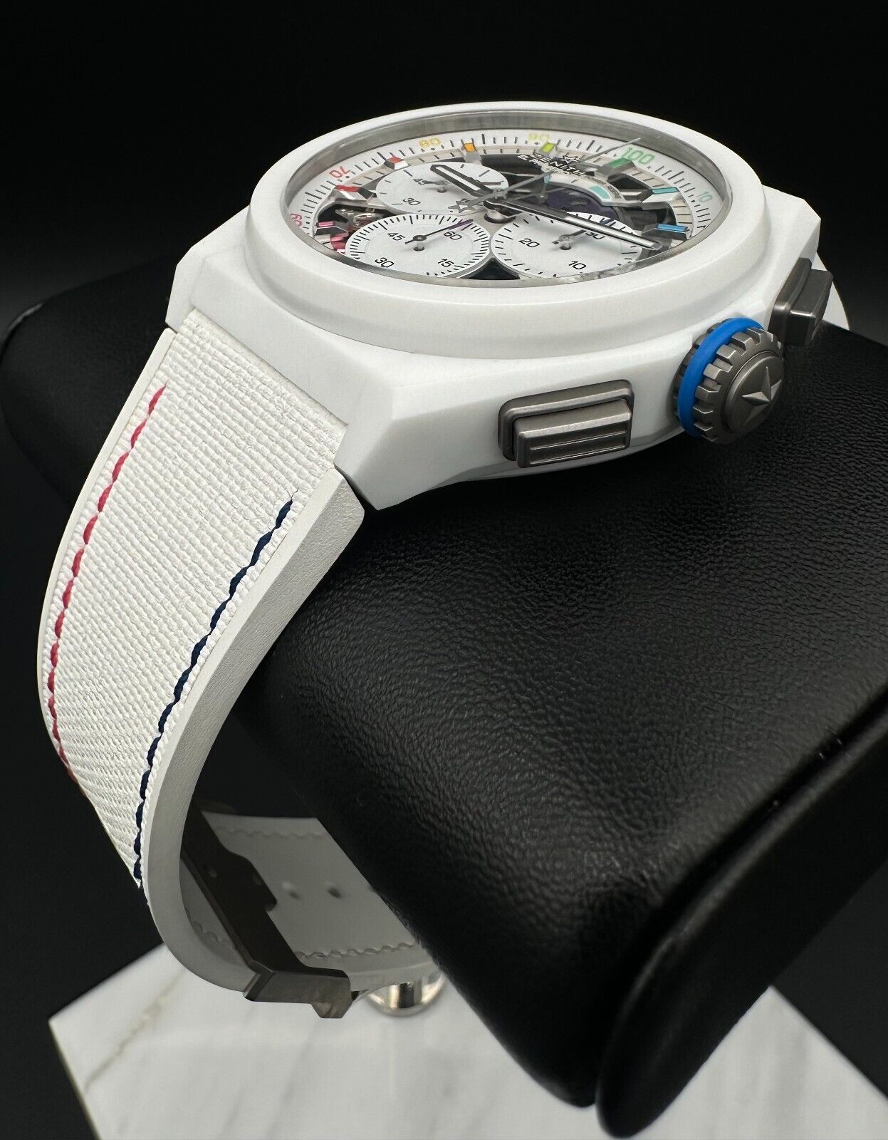 Zenith Defy El Primero 21 Chroma II Chronograph, model 49.9014.9004/01.R953, crafted in sleek white ceramic with a multi-colored dial and high-precision movement. This bold 44mm watch combines innovation and style, perfect for collectors of advanced luxury timepieces. Available from The Watch Trader CT.