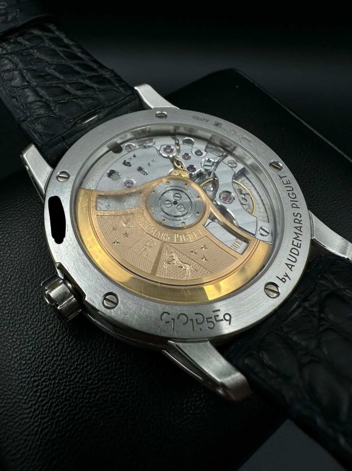 Audemars Piguet Code 11.59 15210BC, 41mm 18K white gold case with blue dial and black leather strap with blue stitching. Fair condition with noticeable signs of wear. Watch only. Available at The Watch Trader, Madison, Connecticut.