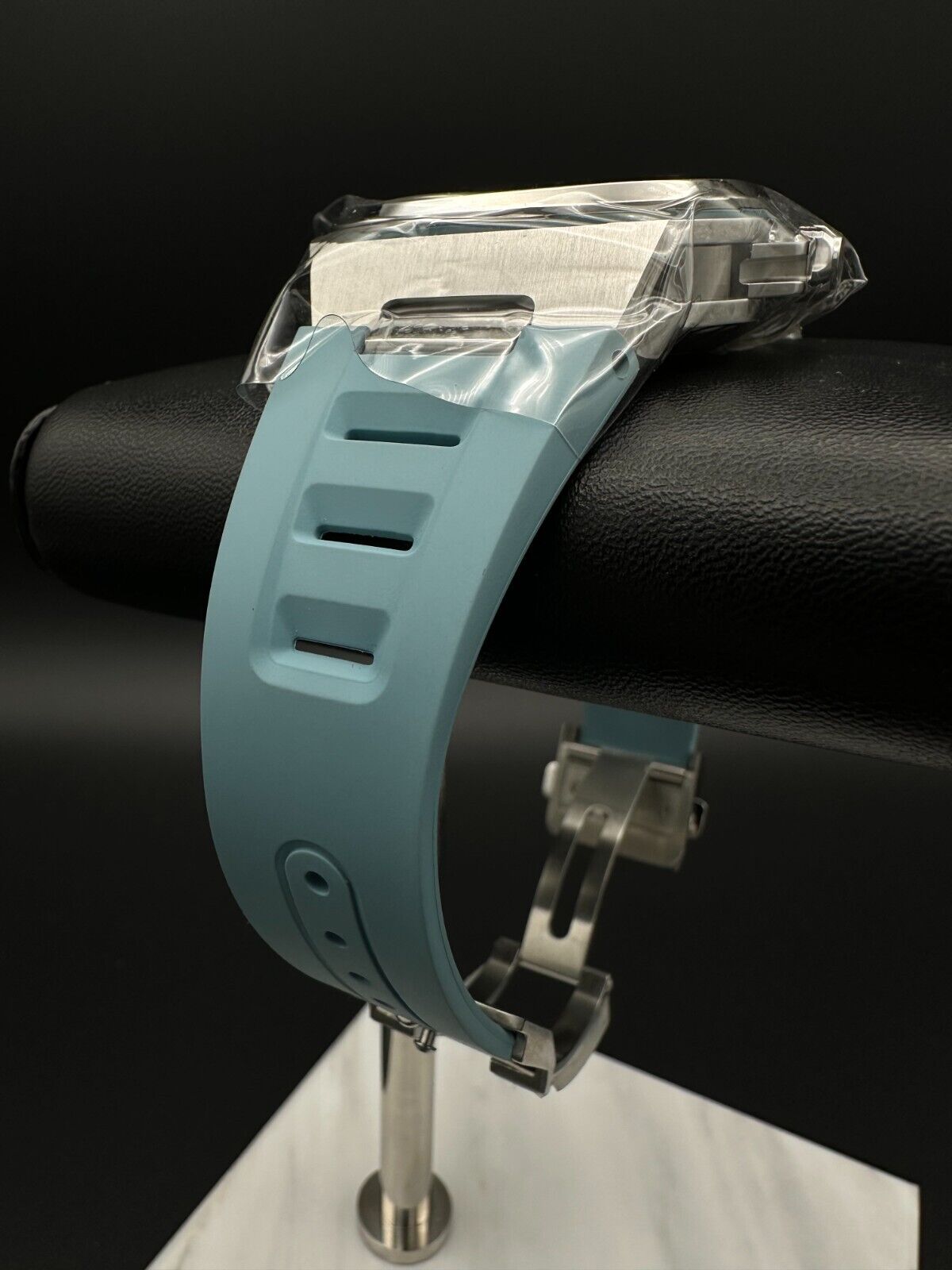 Bell and Ross BR-X5 BRX5R-IB-ST/SRB, 2024 model, featuring a 41mm stainless steel case, sunray ice blue dial, and openworked ice blue rubber strap. The dial includes applique indices filled with Super-LumiNova® and metal skeletonized Super-LumiNova®-filled hour and minute hands. Brand new condition with no signs of wear. Includes inner and outer boxes, warranty card, and user booklet. Retail price is $6,900. Available at The Watch Trader, Madison, Connecticut.