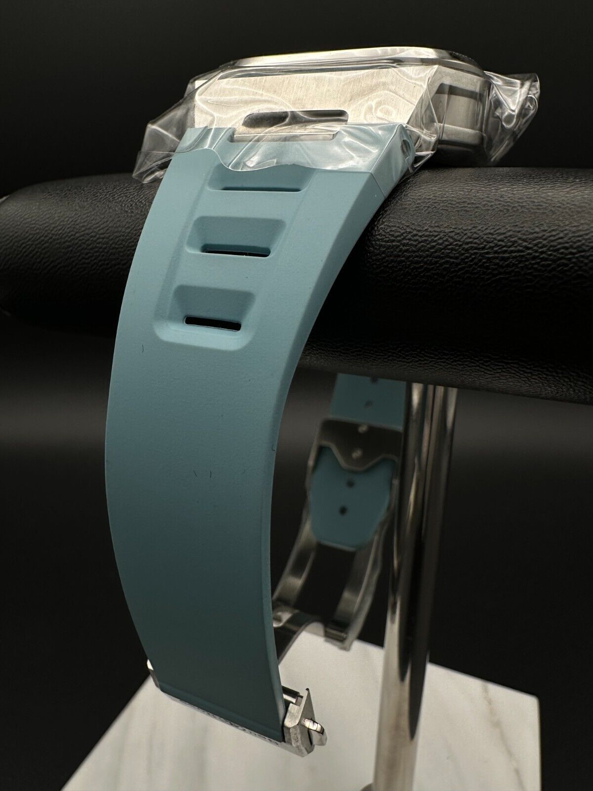 Bell and Ross BR-X5 BRX5R-IB-ST/SRB, 2024 model, featuring a 41mm stainless steel case, sunray ice blue dial, and openworked ice blue rubber strap. The dial includes applique indices filled with Super-LumiNova® and metal skeletonized Super-LumiNova®-filled hour and minute hands. Brand new condition with no signs of wear. Includes inner and outer boxes, warranty card, and user booklet. Retail price is $6,900. Available at The Watch Trader, Madison, Connecticut.