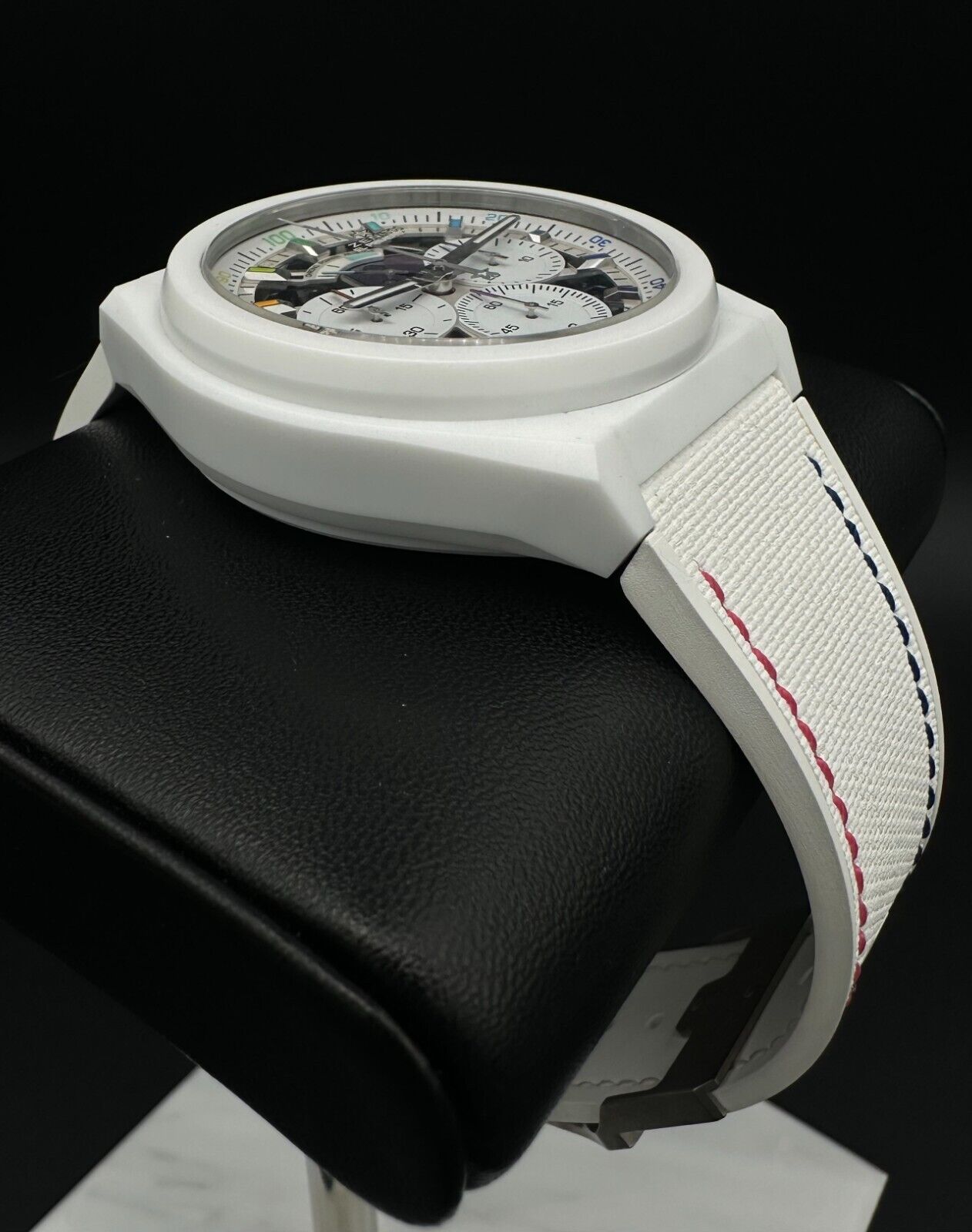Zenith Defy El Primero 21 Chroma II Chronograph, model 49.9014.9004/01.R953, crafted in sleek white ceramic with a multi-colored dial and high-precision movement. This bold 44mm watch combines innovation and style, perfect for collectors of advanced luxury timepieces. Available from The Watch Trader CT.