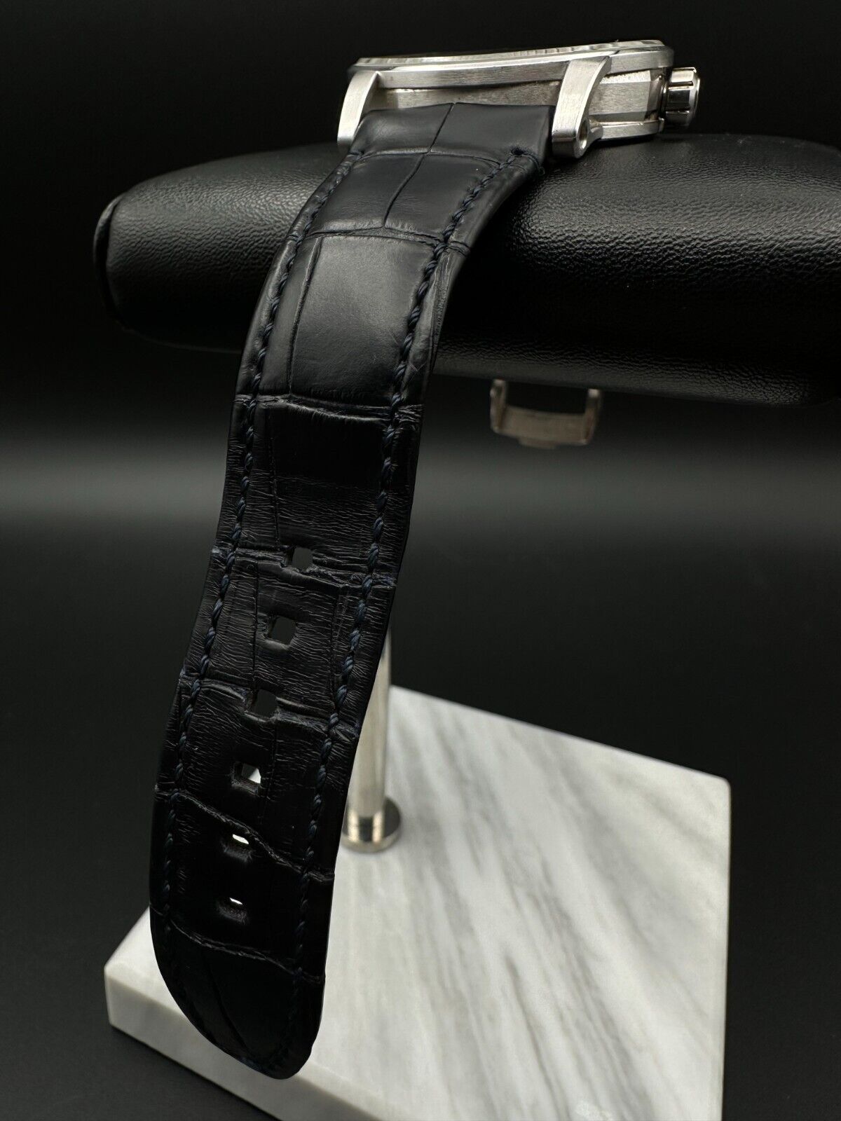 Audemars Piguet Code 11.59 15210BC, 41mm 18K white gold case with blue dial and black leather strap with blue stitching. Fair condition with noticeable signs of wear. Watch only. Available at The Watch Trader, Madison, Connecticut.
