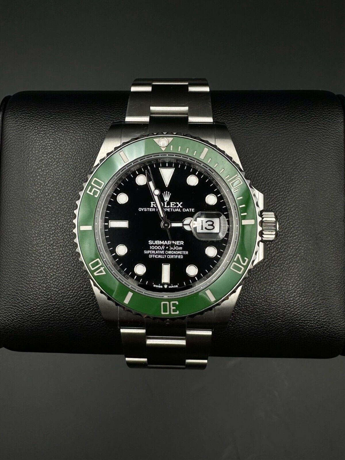 Rolex Submariner Date 126610LV "Starbucks" Men's Watch, 2024 model, featuring a 41mm stainless steel case, black dial, and green ceramic unidirectional rotating bezel. Comes with a stainless steel Rolex Oyster bracelet. Fair condition with visible signs of wear. Available at The Watch Trader, Madison, Connecticut.