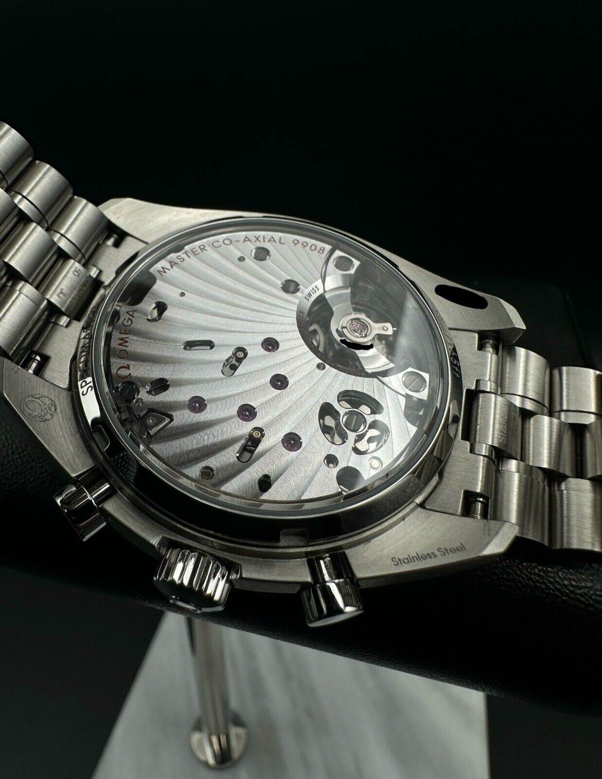 OMEGA Speedmaster Chronoscope 329.30.43.51.02.001 Automatic Watch, 2024 model, featuring a 43mm stainless steel case, silver dial, and blue anodized aluminum bezel ring with tachymeter scale. Comes with a stainless steel bracelet and fold-over clasp. Very good condition with minimal signs of wear. Available at The Watch Trader, Madison, Connecticut.