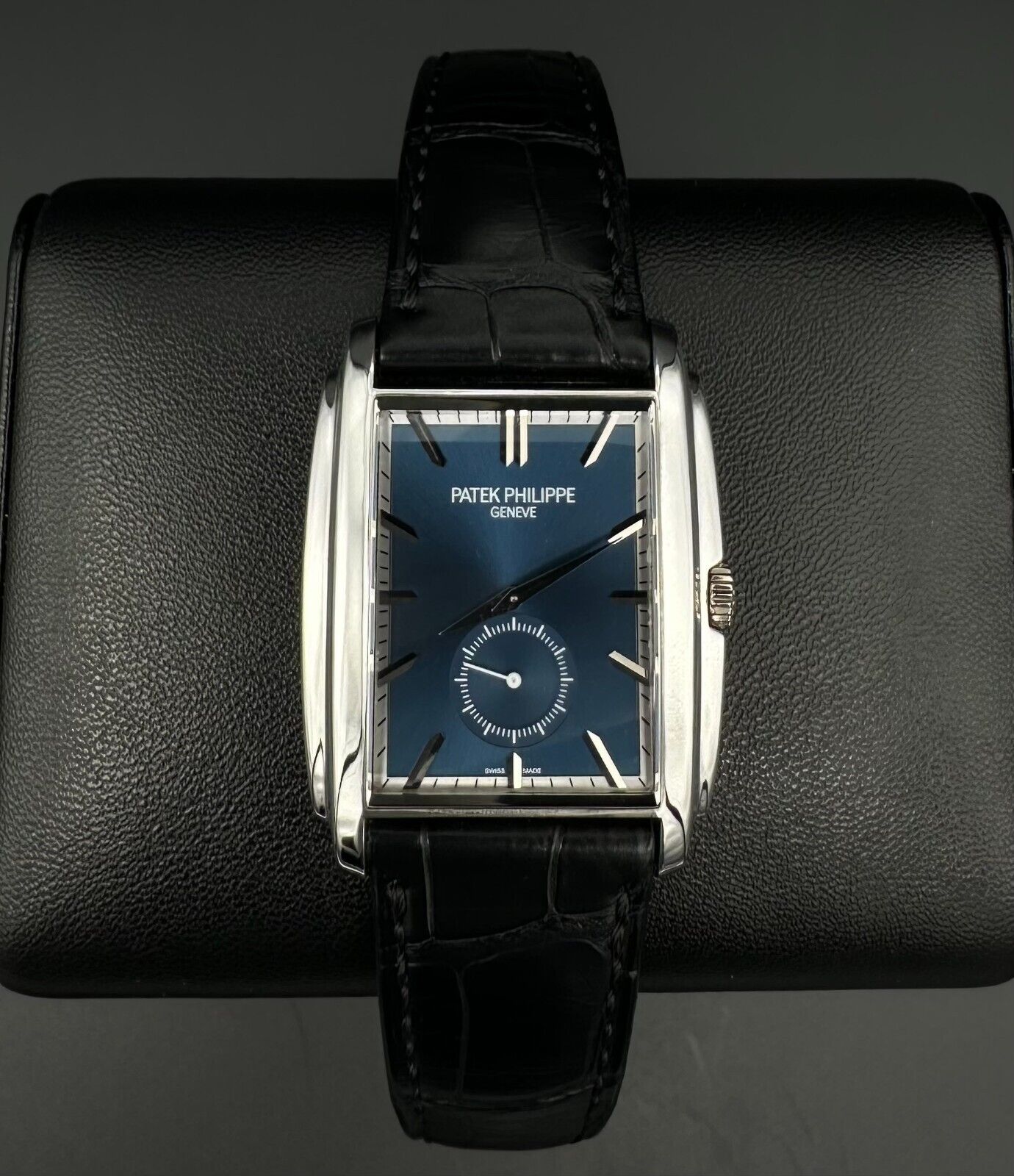 Patek Philippe Gondolo 5124G men's watch, featuring an elegant 43mm 18k white gold case and a striking blue dial. This luxury timepiece blends sophisticated design with Patek Philippe's renowned craftsmanship, ideal for collectors seeking a prestigious, limited-edition watch. Available from The Watch Trader in Madison, Connecticut.