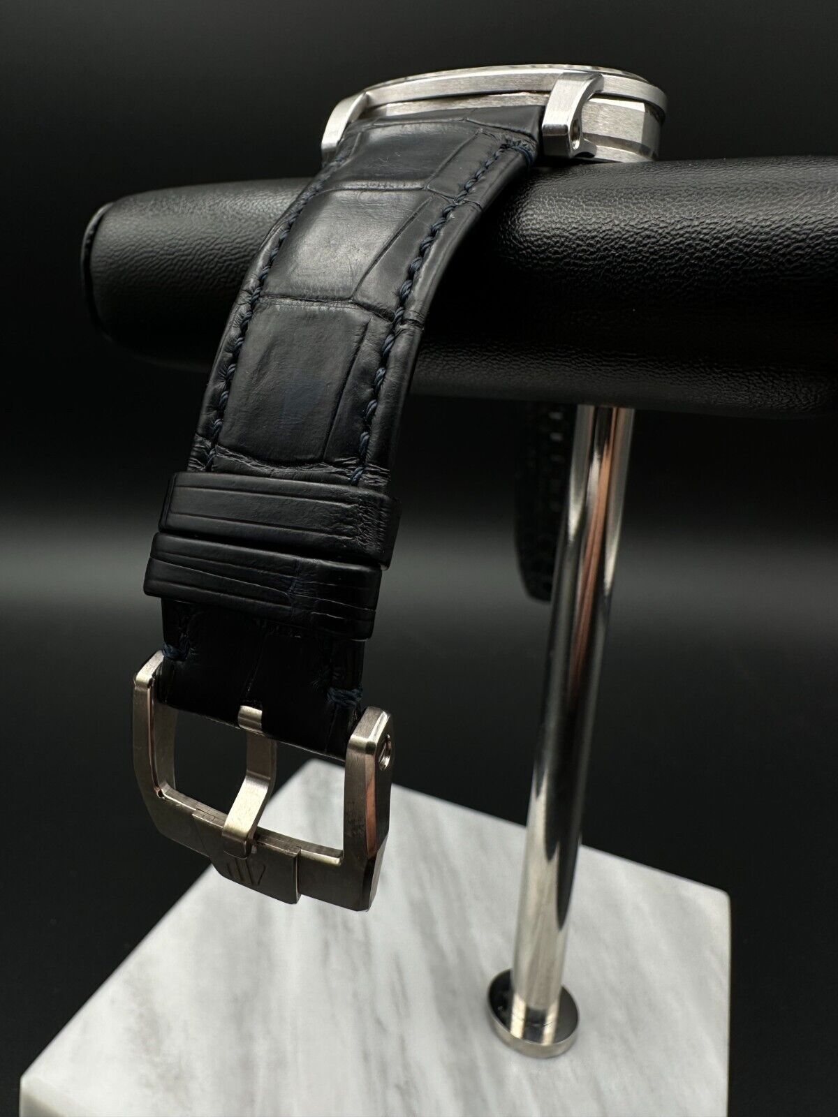 Audemars Piguet Code 11.59 15210BC, 41mm 18K white gold case with blue dial and black leather strap with blue stitching. Fair condition with noticeable signs of wear. Watch only. Available at The Watch Trader, Madison, Connecticut.
