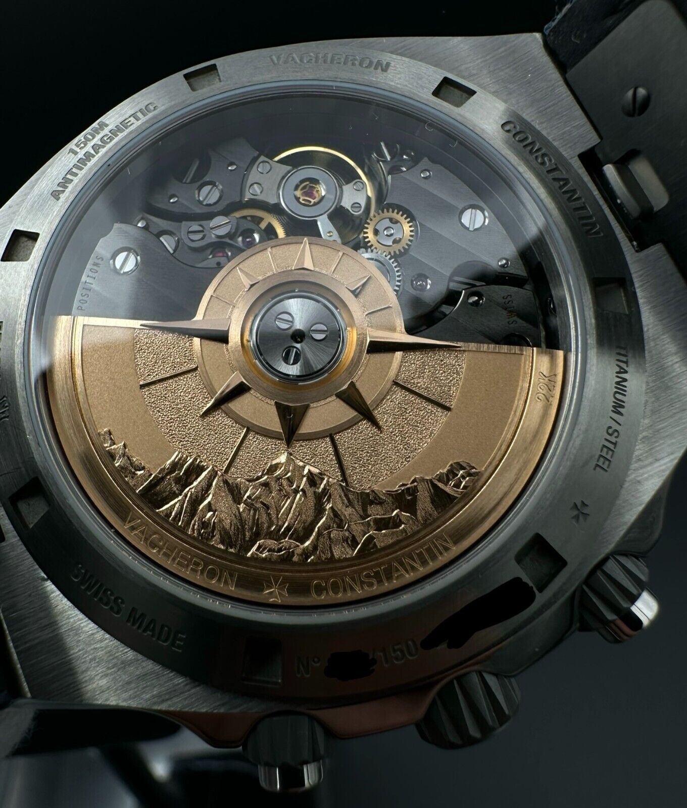 Vacheron Constantin Overseas Chrono Everest men's watch, model 5510V/000T-B923, featuring a striking blue dial, titanium and stainless steel case, and chronograph functionality. A rugged yet sophisticated 42.5mm timepiece, perfect for collectors of high-end sports watches. Available from The Watch Trader CT.