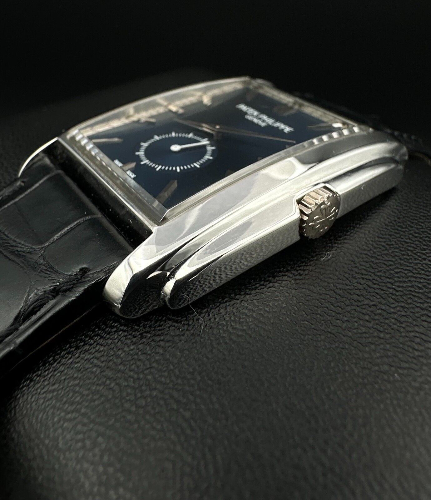Patek Philippe Gondolo 5124G men's watch, featuring an elegant 43mm 18k white gold case and a striking blue dial. This luxury timepiece blends sophisticated design with Patek Philippe's renowned craftsmanship, ideal for collectors seeking a prestigious, limited-edition watch. Available from The Watch Trader in Madison, Connecticut.