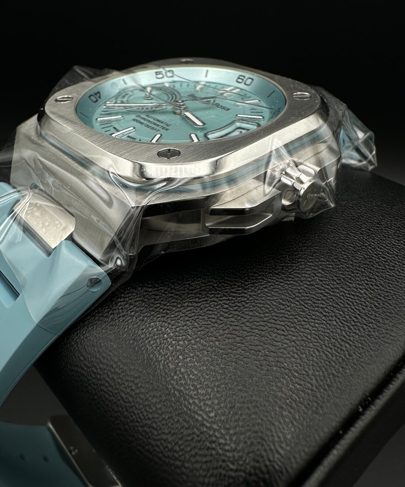 Bell and Ross BR-X5 BRX5R-IB-ST/SRB, 2024 model, featuring a 41mm stainless steel case, sunray ice blue dial, and openworked ice blue rubber strap. The dial includes applique indices filled with Super-LumiNova® and metal skeletonized Super-LumiNova®-filled hour and minute hands. Brand new condition with no signs of wear. Includes inner and outer boxes, warranty card, and user booklet. Retail price is $6,900. Available at The Watch Trader, Madison, Connecticut.
