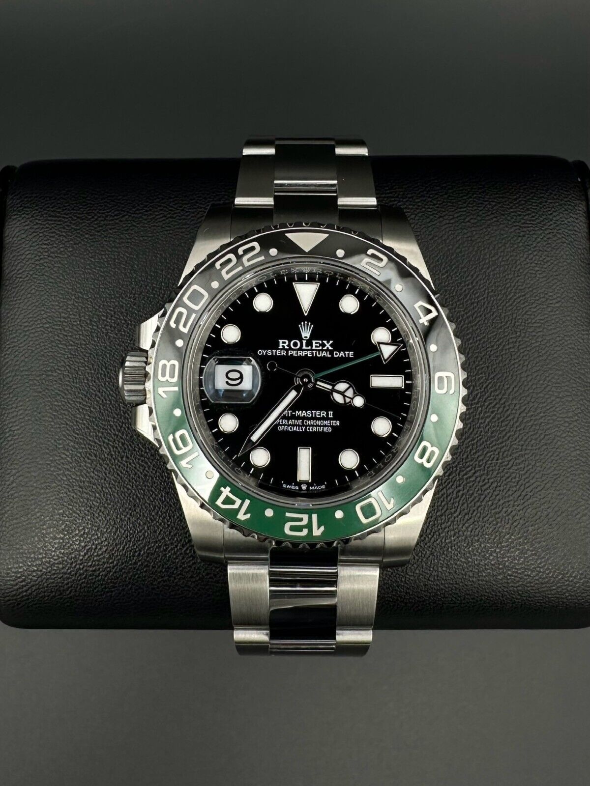 Rolex GMT-Master II 126720VTNR Sprite men's watch, featuring the bold green and black 'Sprite' bezel, stainless steel oyster bracelet, and 2024 release. This 41mm automatic timepiece combines modern style with classic GMT functionality, ideal for collectors and travelers seeking a versatile luxury watch. Available from The Watch Trader CT.