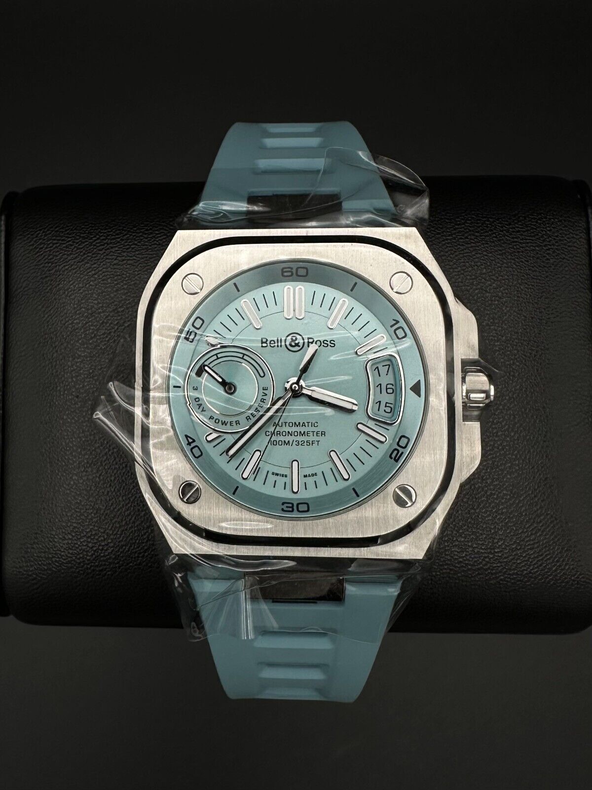 Bell and Ross BR-X5 BRX5R-IB-ST/SRB, 2024 model, featuring a 41mm stainless steel case, sunray ice blue dial, and openworked ice blue rubber strap. The dial includes applique indices filled with Super-LumiNova® and metal skeletonized Super-LumiNova®-filled hour and minute hands. Brand new condition with no signs of wear. Includes inner and outer boxes, warranty card, and user booklet. Retail price is $6,900. Available at The Watch Trader, Madison, Connecticut.