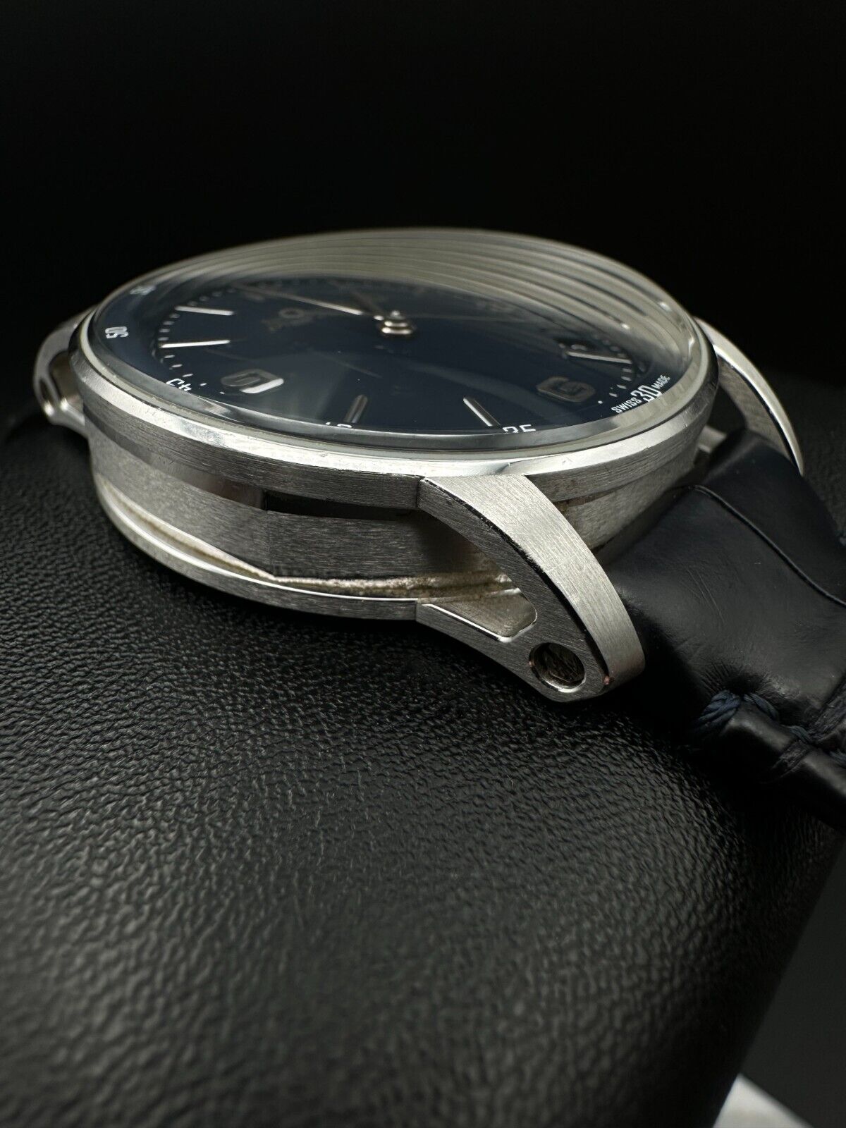 Audemars Piguet Code 11.59 15210BC, 41mm 18K white gold case with blue dial and black leather strap with blue stitching. Fair condition with noticeable signs of wear. Watch only. Available at The Watch Trader, Madison, Connecticut.