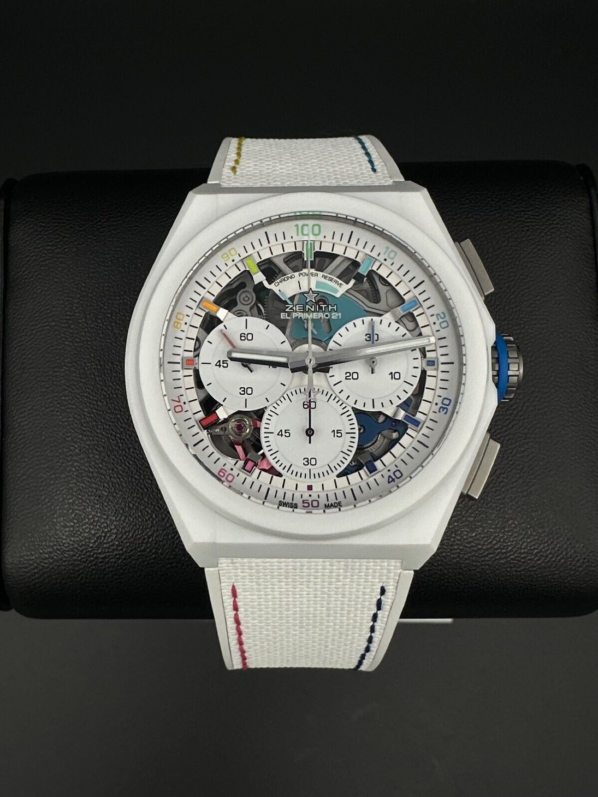 Zenith Defy El Primero 21 Chroma II Chronograph, model 49.9014.9004/01.R953, crafted in sleek white ceramic with a multi-colored dial and high-precision movement. This bold 44mm watch combines innovation and style, perfect for collectors of advanced luxury timepieces. Available from The Watch Trader CT.