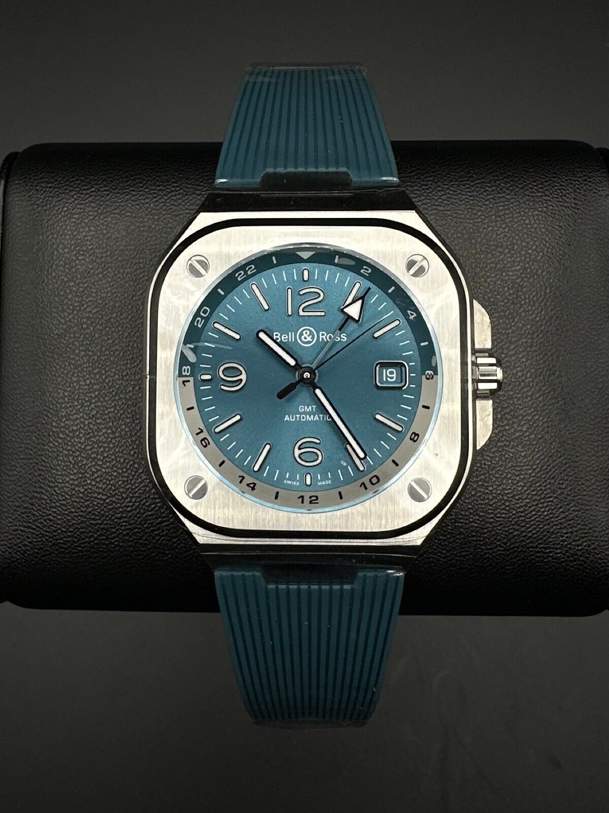 Bell & Ross BR-05 GMT Sky Blue Dial Automatic Watch BR05G-PB-ST/SRB, 2024 model, featuring a 41mm satin-polished steel case, blue sunray dial with white Super-LumiNova® numerals and indices, and skeletonized Super-LumiNova®-filled hour and minute hands. Comes with a black rubber strap. Brand new condition with no signs of wear. Includes inner and outer boxes, warranty card, and user guide. Retail price is $5,000. Available at The Watch Trader, Madison, Connecticut.