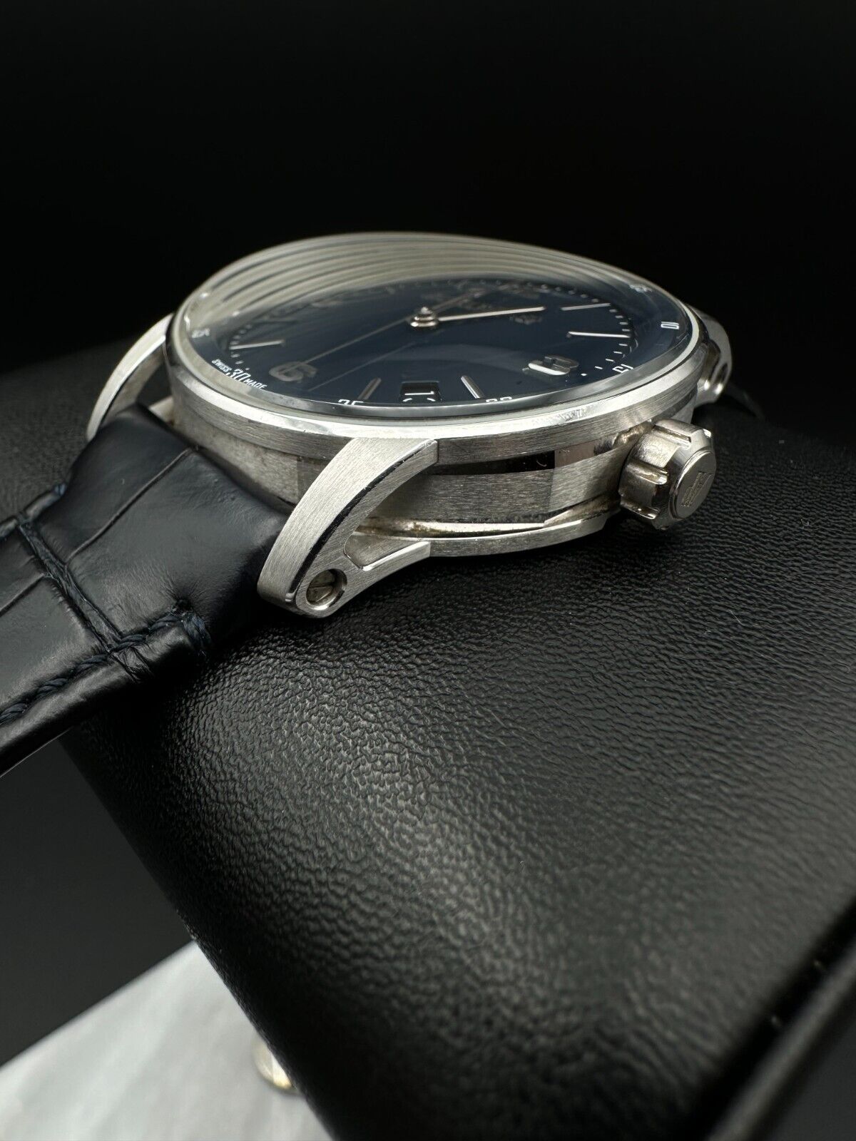 Audemars Piguet Code 11.59 15210BC, 41mm 18K white gold case with blue dial and black leather strap with blue stitching. Fair condition with noticeable signs of wear. Watch only. Available at The Watch Trader, Madison, Connecticut.