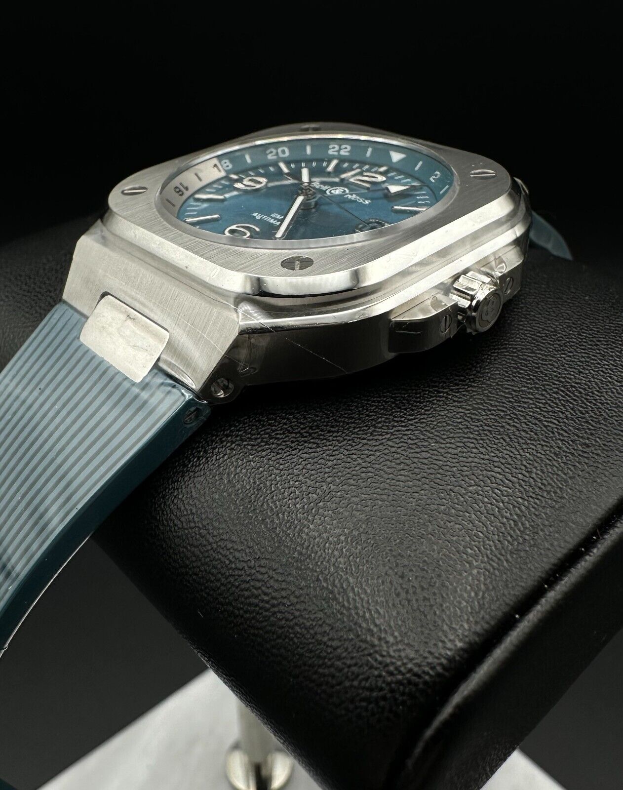 Bell & Ross BR-05 GMT Sky Blue Dial Automatic Watch BR05G-PB-ST/SRB, 2024 model, featuring a 41mm satin-polished steel case, blue sunray dial with white Super-LumiNova® numerals and indices, and skeletonized Super-LumiNova®-filled hour and minute hands. Comes with a black rubber strap. Brand new condition with no signs of wear. Includes inner and outer boxes, warranty card, and user guide. Retail price is $5,000. Available at The Watch Trader, Madison, Connecticut.