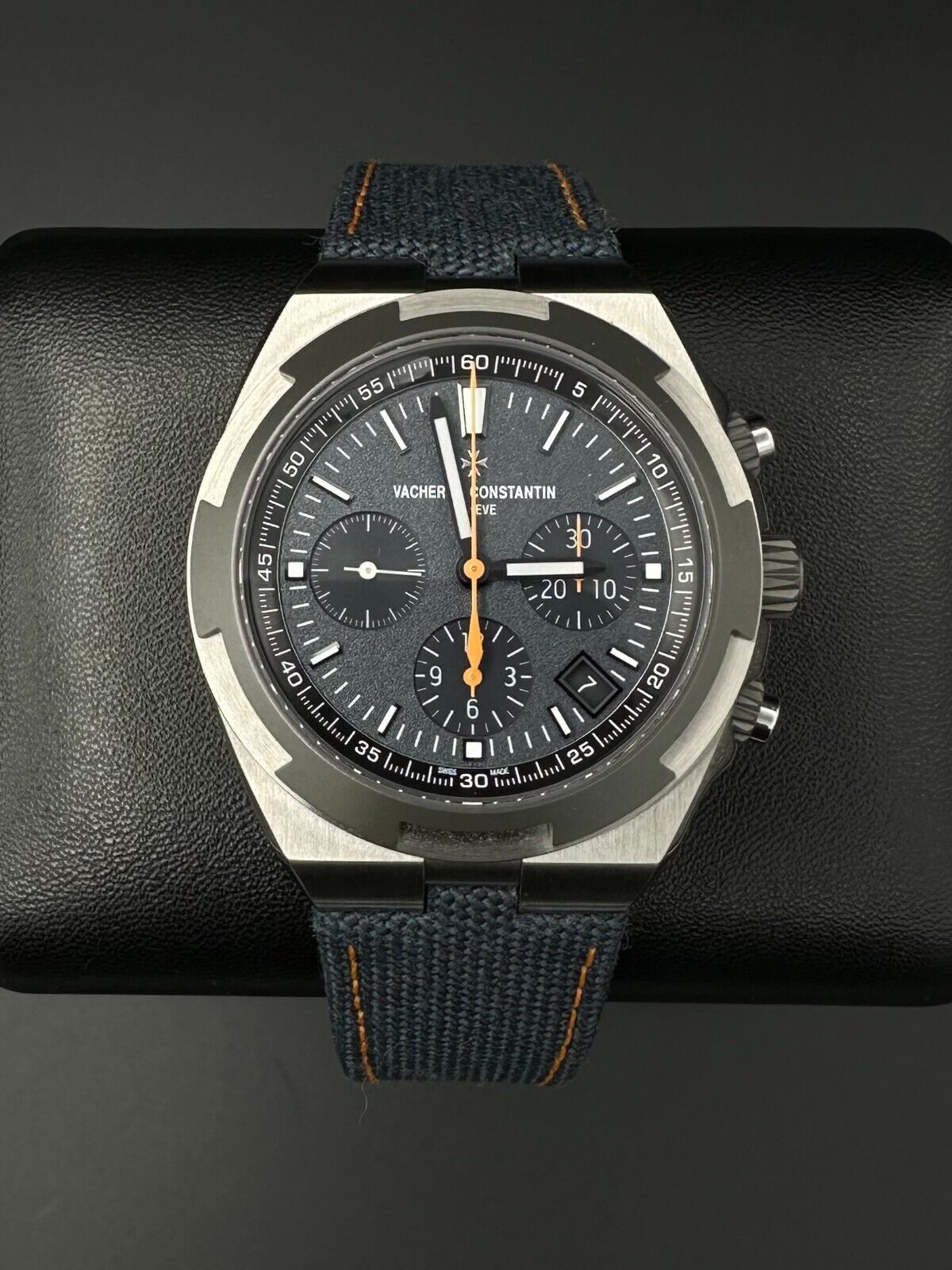 Vacheron Constantin Overseas Chrono Everest men's watch, model 5510V/000T-B923, featuring a striking blue dial, titanium and stainless steel case, and chronograph functionality. A rugged yet sophisticated 42.5mm timepiece, perfect for collectors of high-end sports watches. Available from The Watch Trader CT.