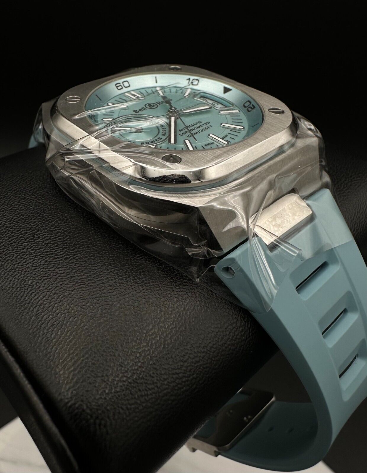 Bell and Ross BR-X5 BRX5R-IB-ST/SRB, 2024 model, featuring a 41mm stainless steel case, sunray ice blue dial, and openworked ice blue rubber strap. The dial includes applique indices filled with Super-LumiNova® and metal skeletonized Super-LumiNova®-filled hour and minute hands. Brand new condition with no signs of wear. Includes inner and outer boxes, warranty card, and user booklet. Retail price is $6,900. Available at The Watch Trader, Madison, Connecticut.