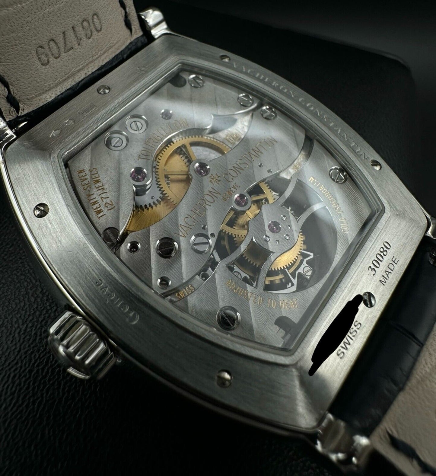 Vacheron Constantin Malte Tourbillon Regulator 30080/00P-9357 Platinum watch with a 40mm x 50mm case, silver dial, and dark blue leather strap with a platinum butterfly clasp. In very good condition, showing minimal wear. Watch only, no additional inclusions. Available at The Watch Trader, Madison, Connecticut.