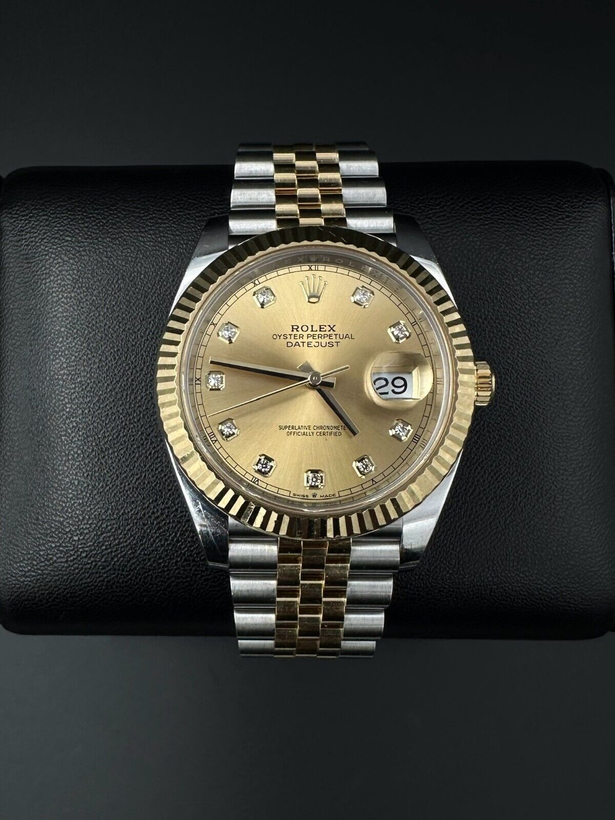 Rolex Datejust 41 model 126333, featuring a gold and stainless steel Jubilee bracelet and a champagne diamond dial, 2022 release. This luxurious 41mm automatic watch combines classic elegance with modern sophistication, ideal for collectors and enthusiasts seeking a statement timepiece. Available from The Watch Trader in Madison, CT.