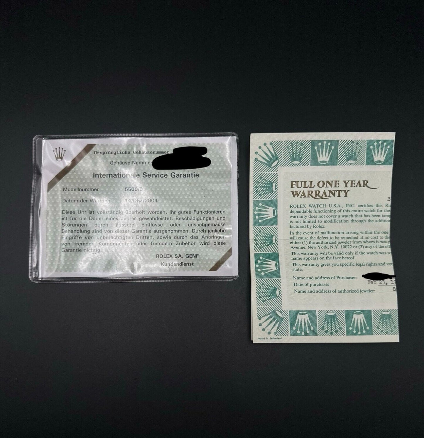 Rolex Air-King 5500, 1987 model, featuring a 34mm stainless steel case, silver dial, and stainless steel Rolex Oyster bracelet. Fair condition with noticeable signs of wear. Includes warranty papers and service certificate. Available at The Watch Trader, Madison, Connecticut.