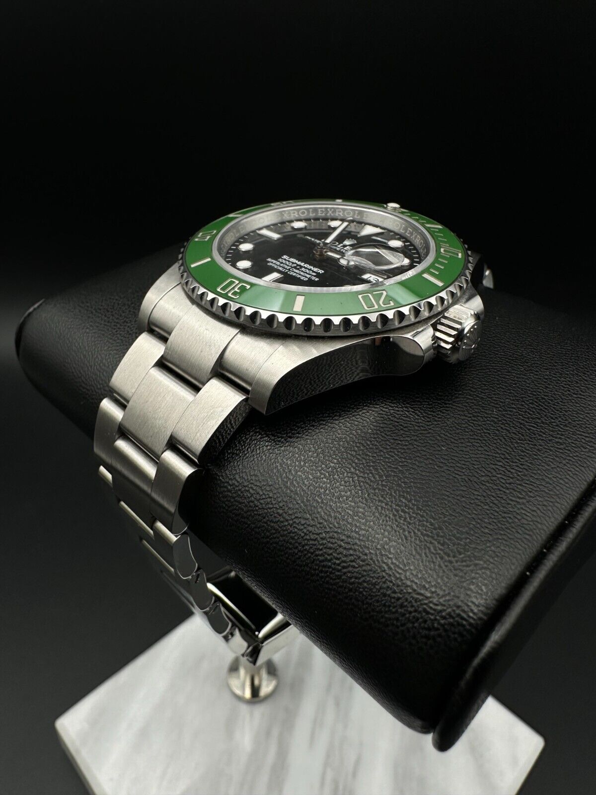Rolex Submariner Date 126610LV "Starbucks" Men's Watch, 2024 model, featuring a 41mm stainless steel case, black dial, and green ceramic unidirectional rotating bezel. Comes with a stainless steel Rolex Oyster bracelet. Fair condition with visible signs of wear. Available at The Watch Trader, Madison, Connecticut.