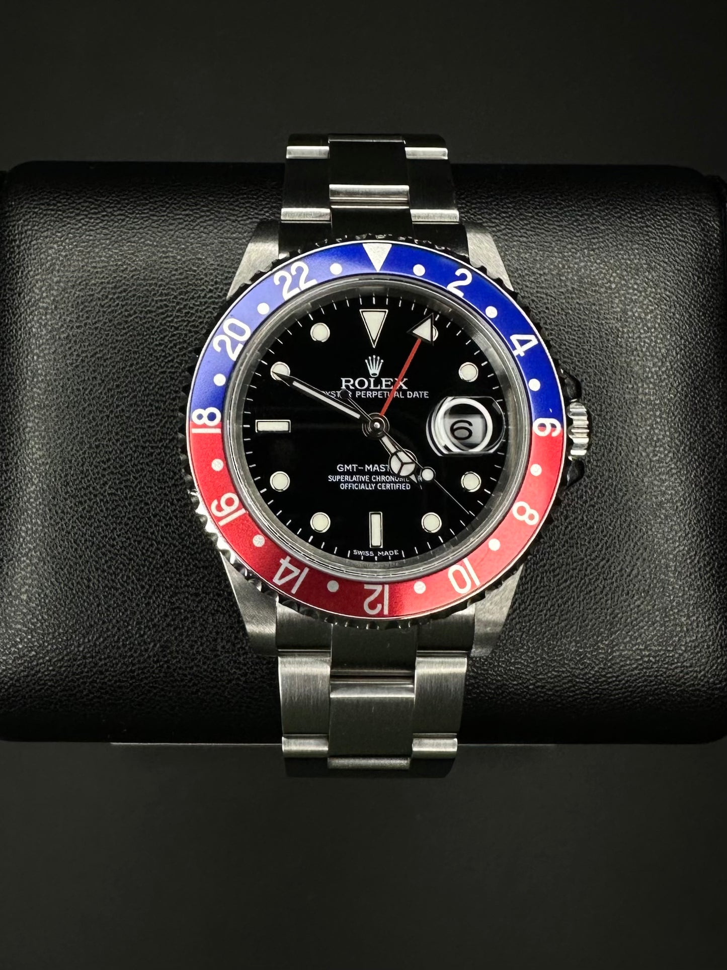 Rolex GMT-Master II model 16710 CPO with the rare 'Stick Dial,' complete set from 2007. This automatic watch features the classic GMT functionality, iconic design, and unique dial variation, making it a prized piece for collectors of limited-edition luxury timepieces. Available from The Watch Trader CT.