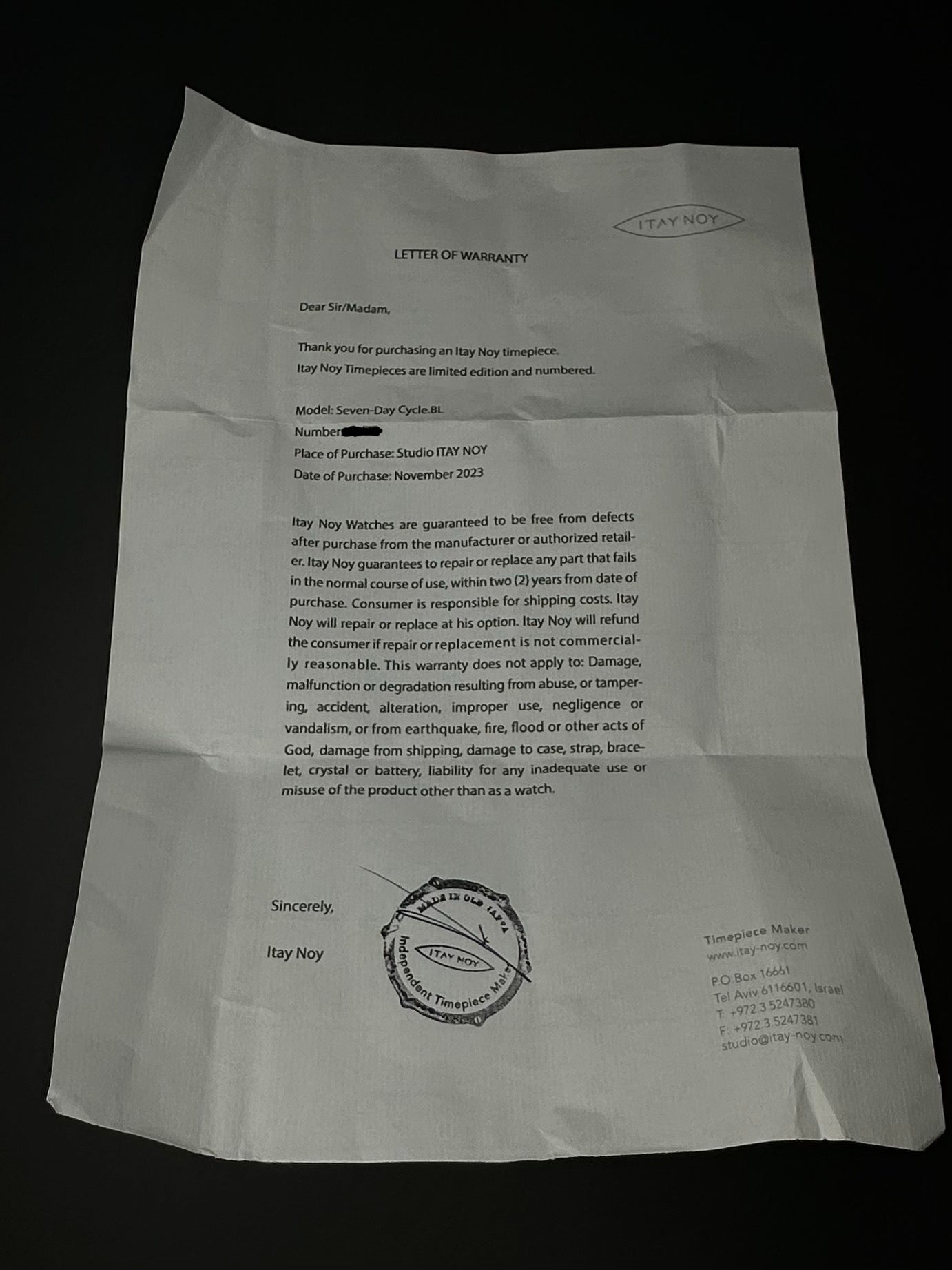 Itay Noy Limited Edition Seven-Day Cycle.BL Men’s Watch - 2023