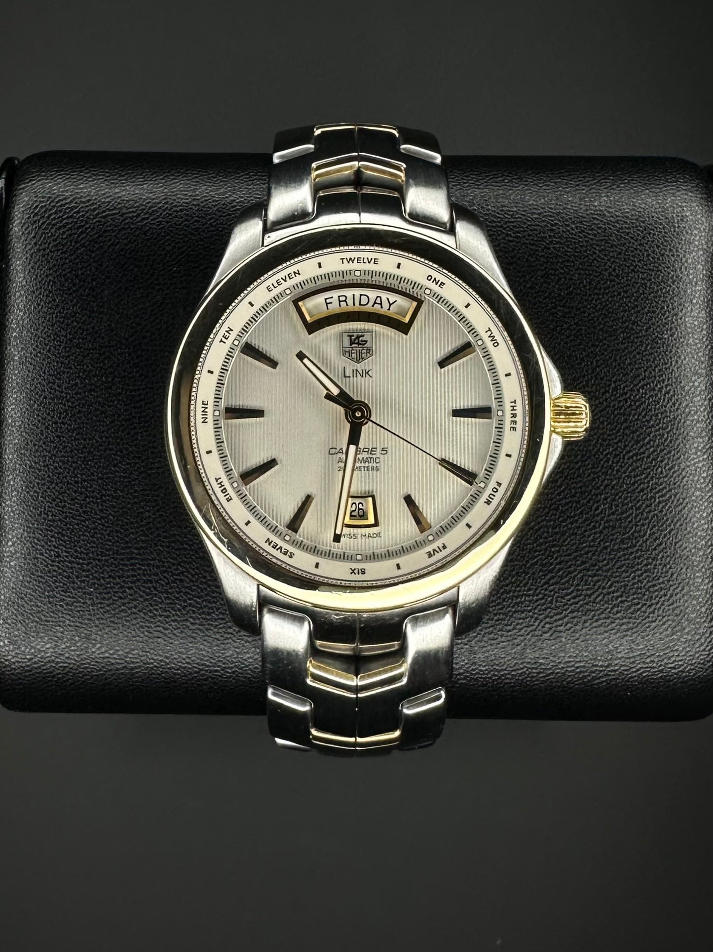 Tag Heuer Link automatic watch, model WJF2050, with gold and stainless steel bracelet and silver dial, 2018 release. A refined 39mm timepiece combining luxury and durability, ideal for enthusiasts of classic, high-quality watches. Available from The Watch Trader CT.