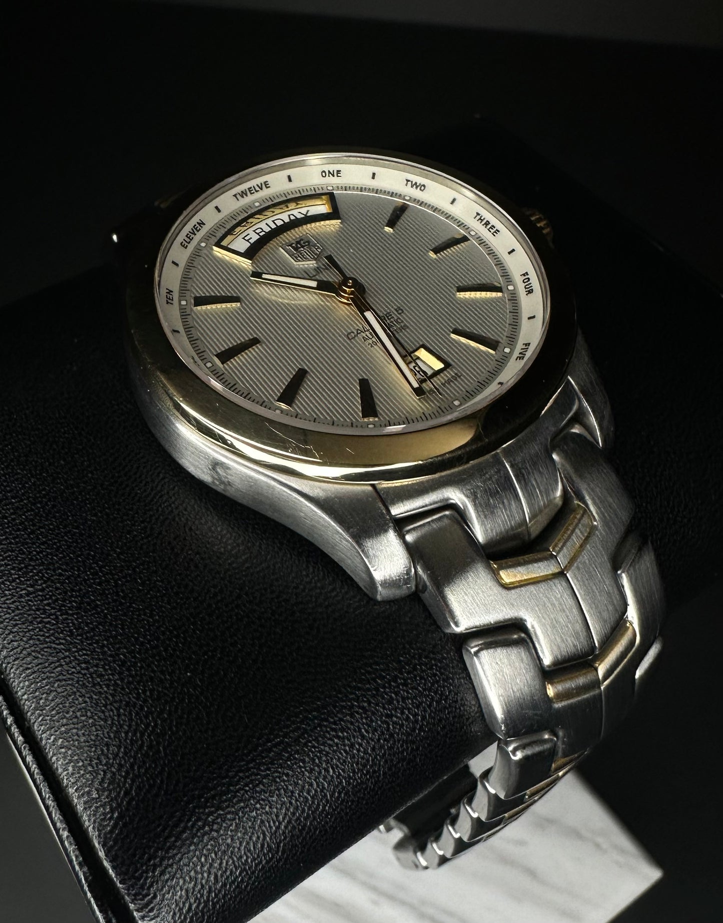 Tag Heuer Link automatic watch, model WJF2050, with gold and stainless steel bracelet and silver dial, 2018 release. A refined 39mm timepiece combining luxury and durability, ideal for enthusiasts of classic, high-quality watches. Available from The Watch Trader CT.