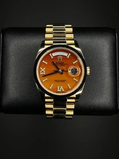 Rolex Day-Date 36 President Yellow Gold Carnelian Orange Diamond Dial 128238