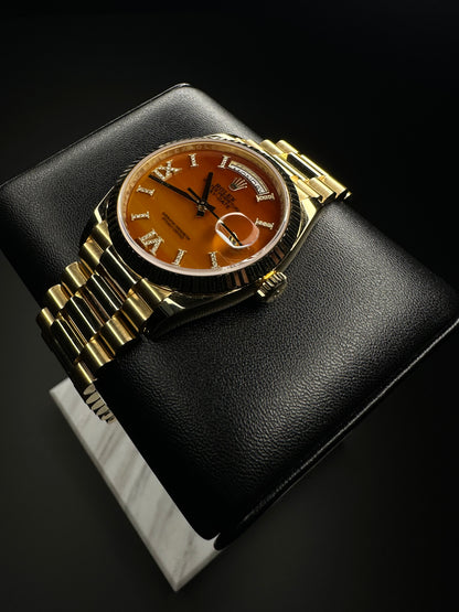 Rolex Day-Date 36 President Yellow Gold Carnelian Orange Diamond Dial 128238