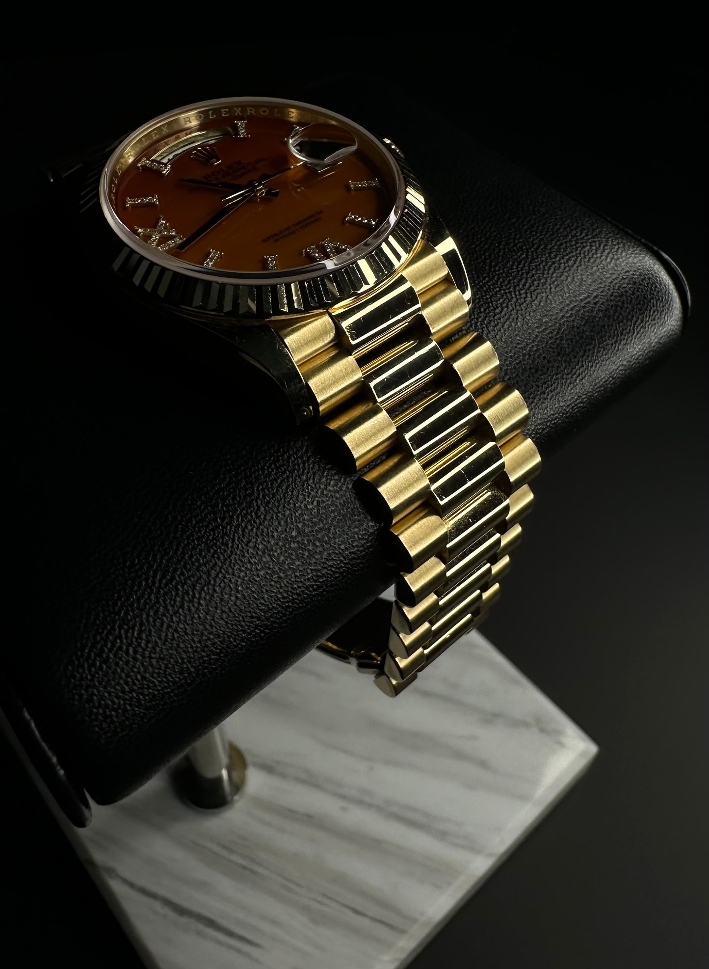 Rolex Day-Date 36 President Yellow Gold Carnelian Orange Diamond Dial 128238