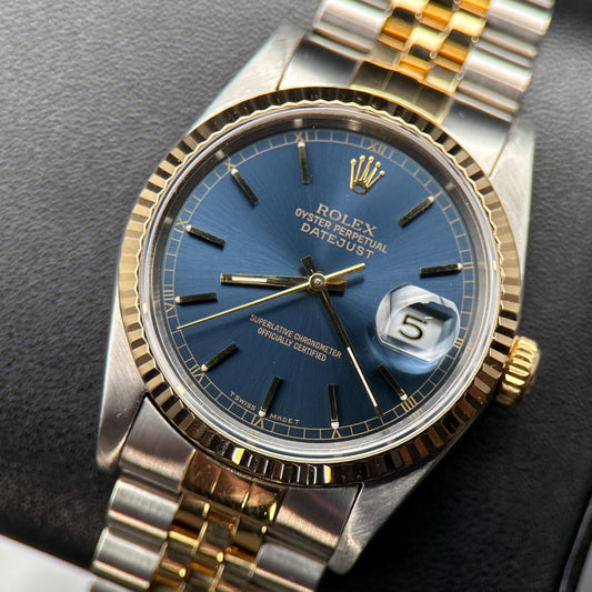 Rolex Datejust 16233 Blue Stick Dial Fluted Bezel Two-Tone Automatic 36mm Watch0