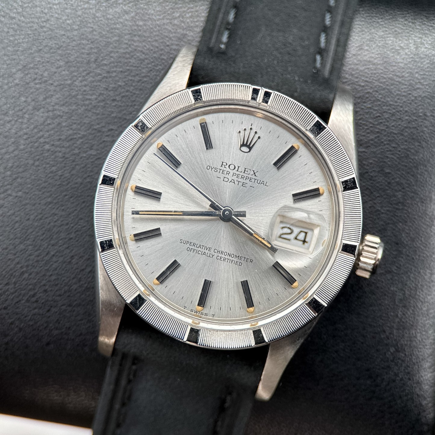 Rolex Date 15010 Silver Dial Engine-Turned Bezel Steel 34mm Automatic Watch0