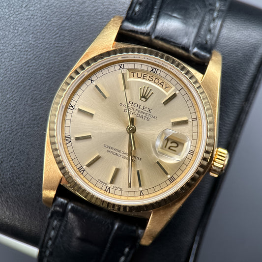 Vintage Rolex Day-Date 18038 Champagne Dial Yellow Gold Automatic 36mm Watch0