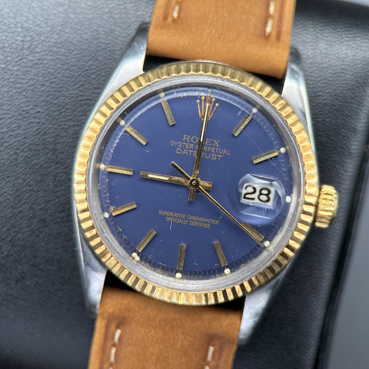 Vintage Rolex Datejust 1601 Blue Dial Gold Bezel Automatic 36mm Watch0