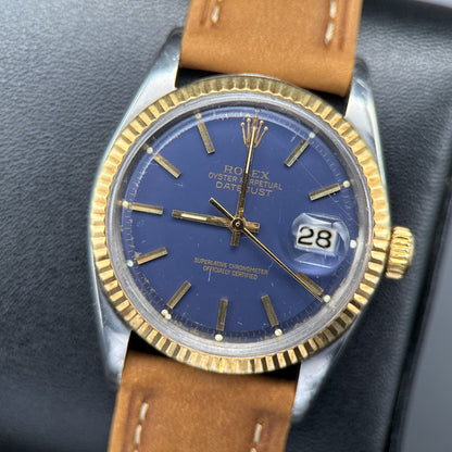 Vintage Rolex Datejust 1601 Blue Dial Gold Bezel Automatic 36mm Watch0