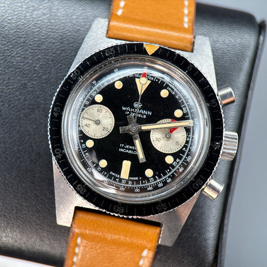 Vintage Wakmann Reverse Panda Chronograph Black Dial 38mm Manual Watch 1960s0