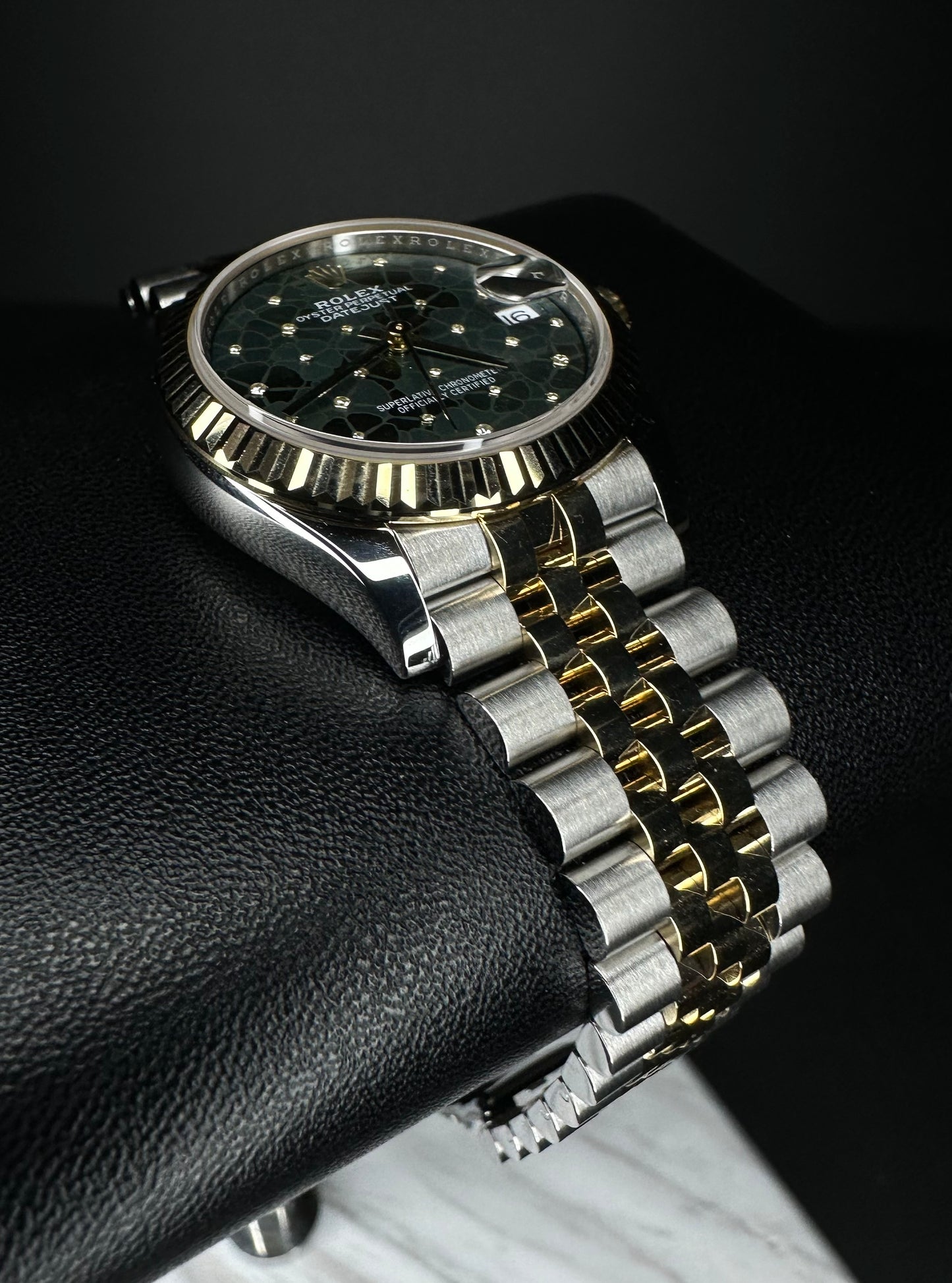 Rolex Women's Datejust 31 Olive Green Floral Motif Set with Diamond Bezel