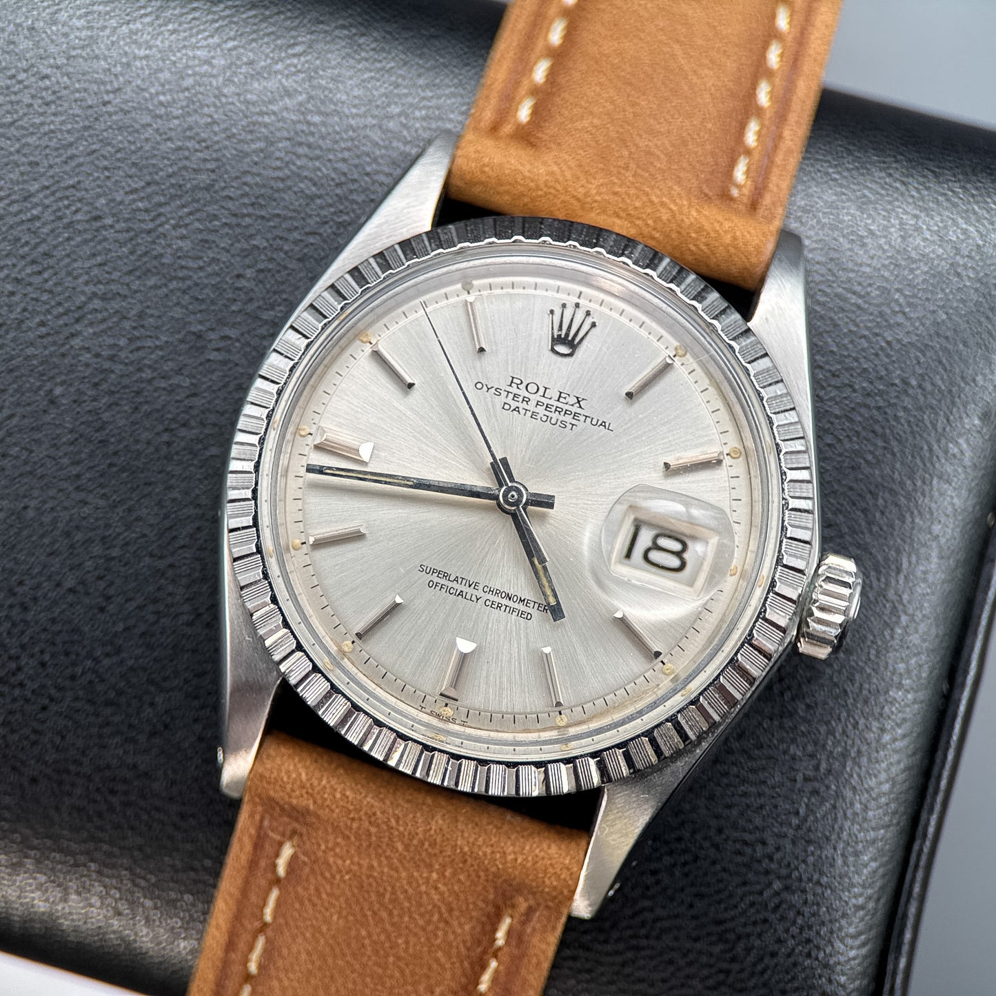 Rolex Datejust 36mm 1603 Silver Dial Engine Turned Bezel Automatic Watch