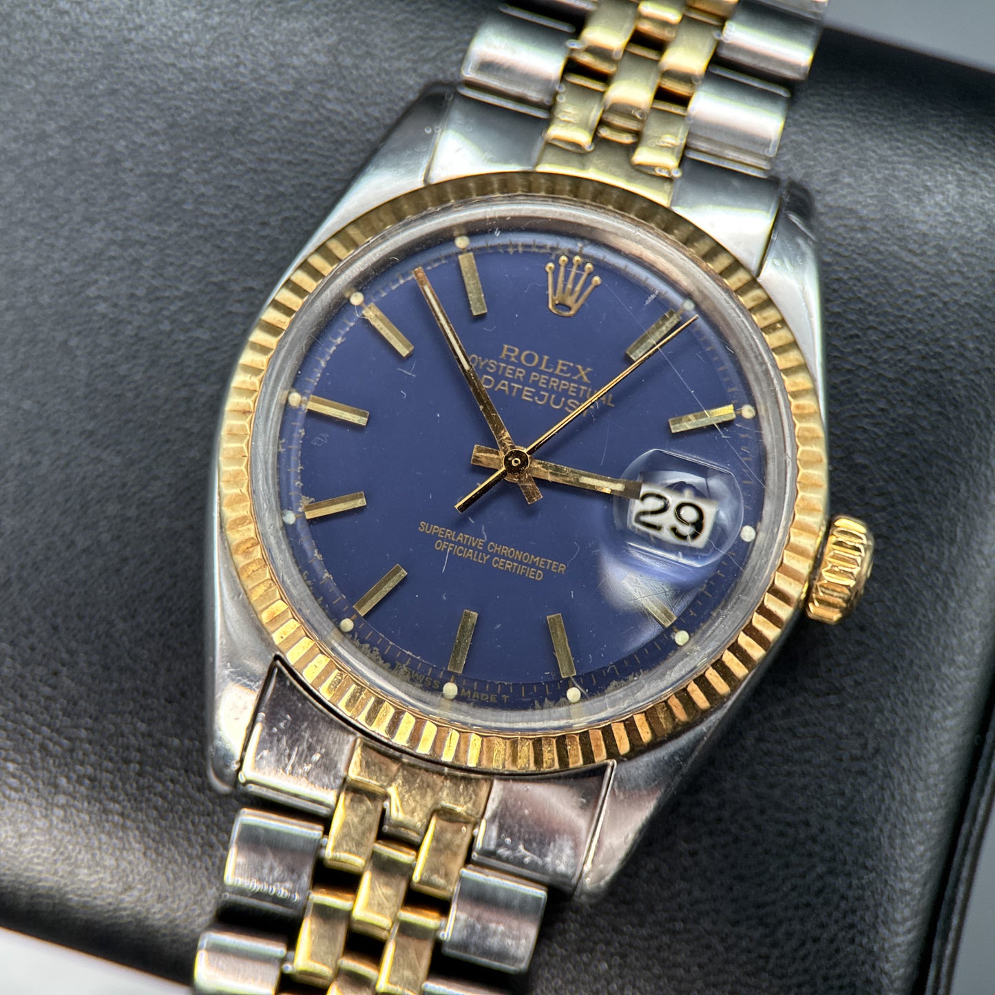 Vintage Rolex Datejust 1601 Blue Dial Gold Bezel Automatic 36mm Watch