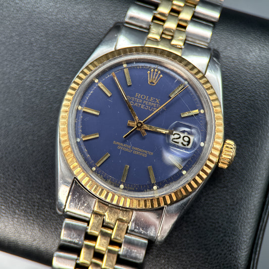 Vintage Rolex Datejust 1601 Blue Dial Gold Bezel Automatic 36mm Watch