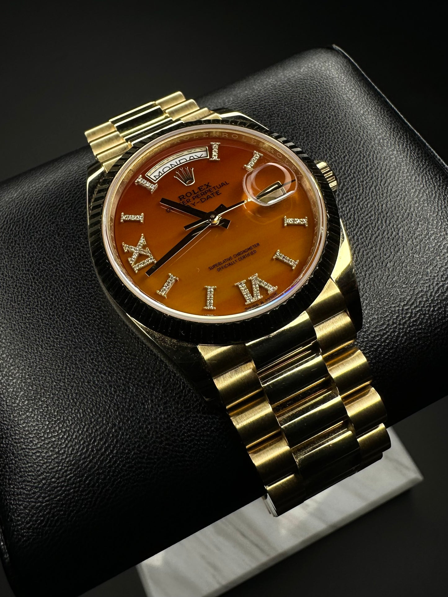 Rolex Day-Date 36 President Yellow Gold Carnelian Orange Diamond Dial 128238